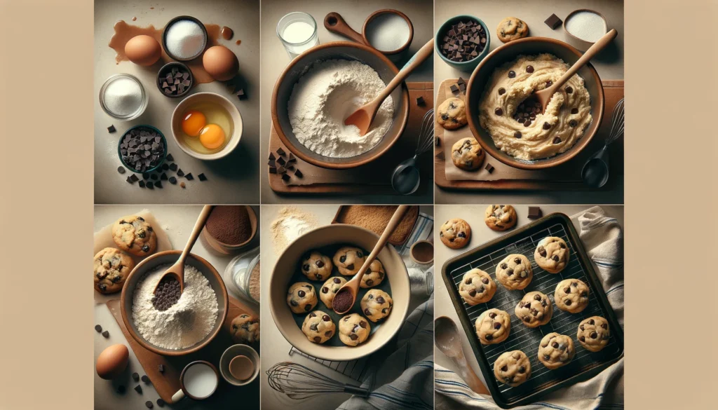 Here is the image showing the four stages of baking chocolate chip cookies, from preparing the ingredients to cooling the freshly baked cookies. You can view and analyze the different steps involved in the cookie-making process.