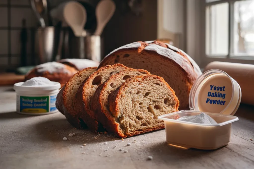 A mouthwatering, close-up image of a freshly baked bread loaf, cut into slices, with yeast and baking powder prominently displayed in the ba ckground. The yeast is in a small container, while the baking powder is in a small, open plastic container. The kitchen counter behind them has a few clean utensils and a rolling pin. The overall atmosphere of the image is warm and inviting, with natural light streaming in from a nearby window.