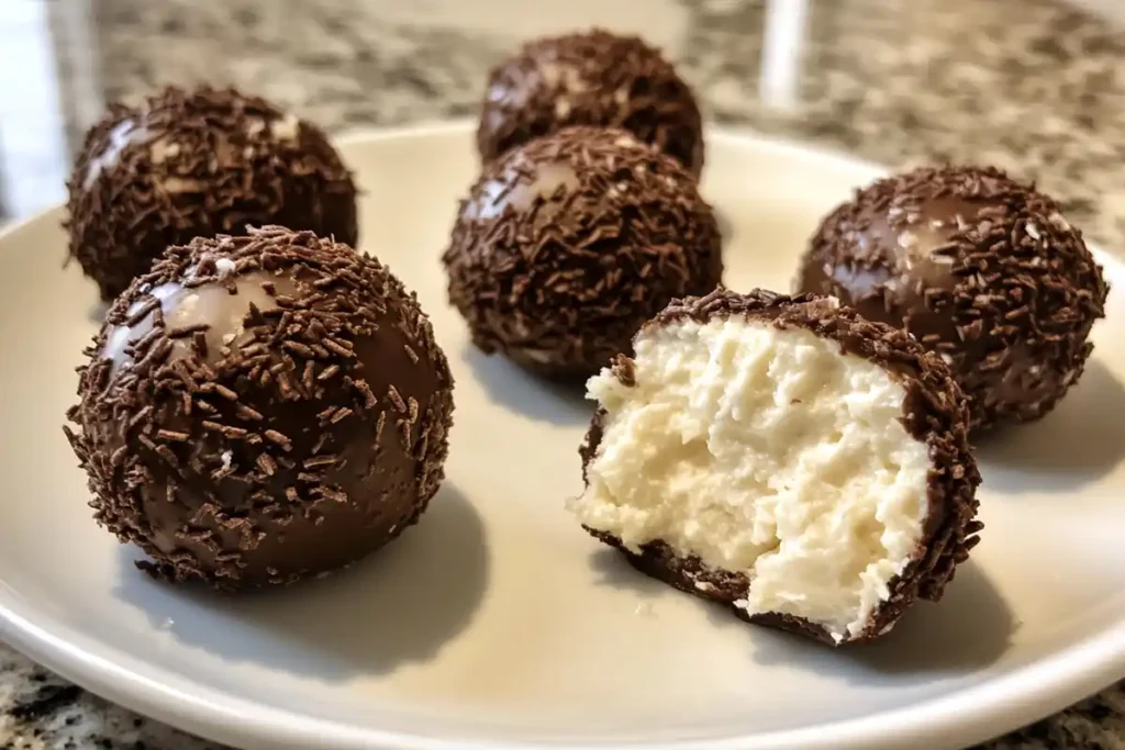 chocolate Cheesecake Ball in white dish 